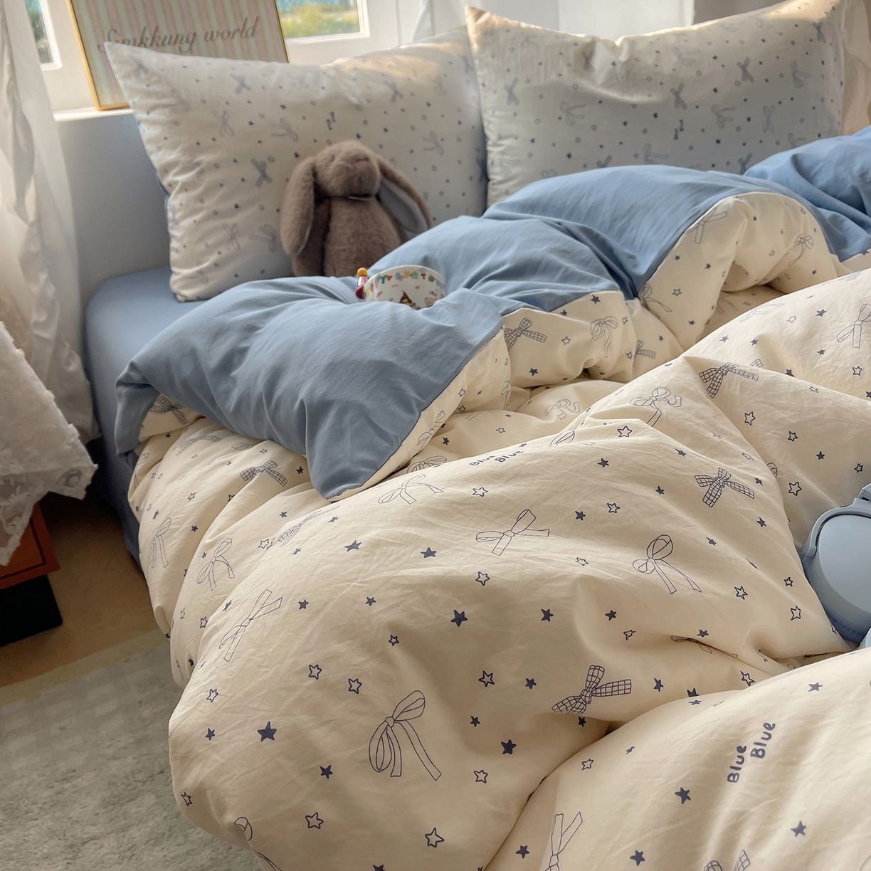 91家纺网 家纺一手货源 找家纺 初夏家纺 2026 古法仿棉水洗棉A类四件套被罩床单三件套床上用品卡通可爱【提供买家秀】 雨沫