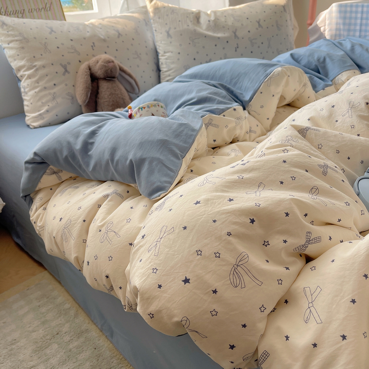 91家纺网 家纺一手货源 找家纺 初夏家纺 2026 古法仿棉水洗棉A类四件套被罩床单三件套床上用品卡通可爱【提供买家秀】 雨沫