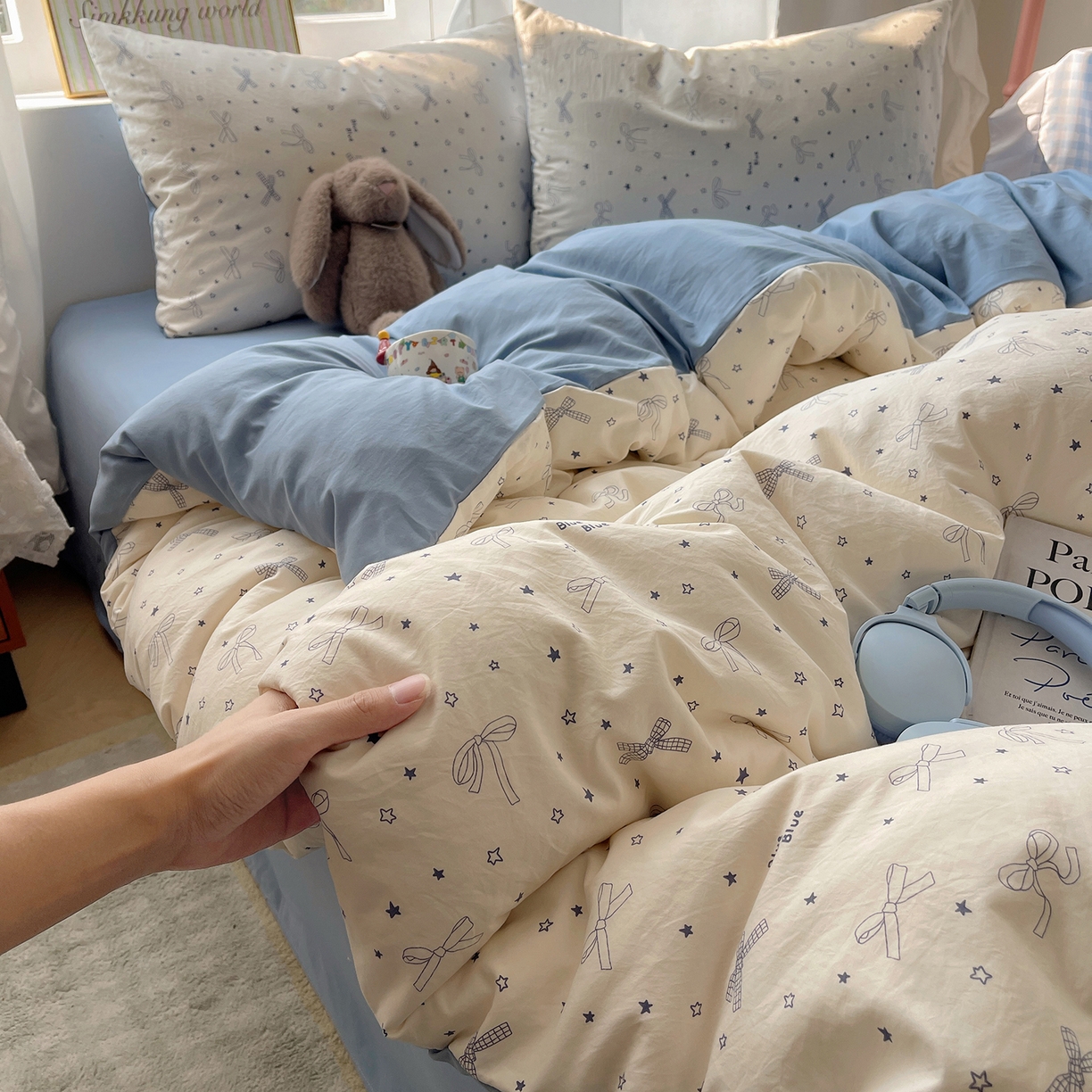 91家纺网 家纺一手货源 找家纺 初夏家纺 2026 古法仿棉水洗棉A类四件套被罩床单三件套床上用品卡通可爱【提供买家秀】 雨沫