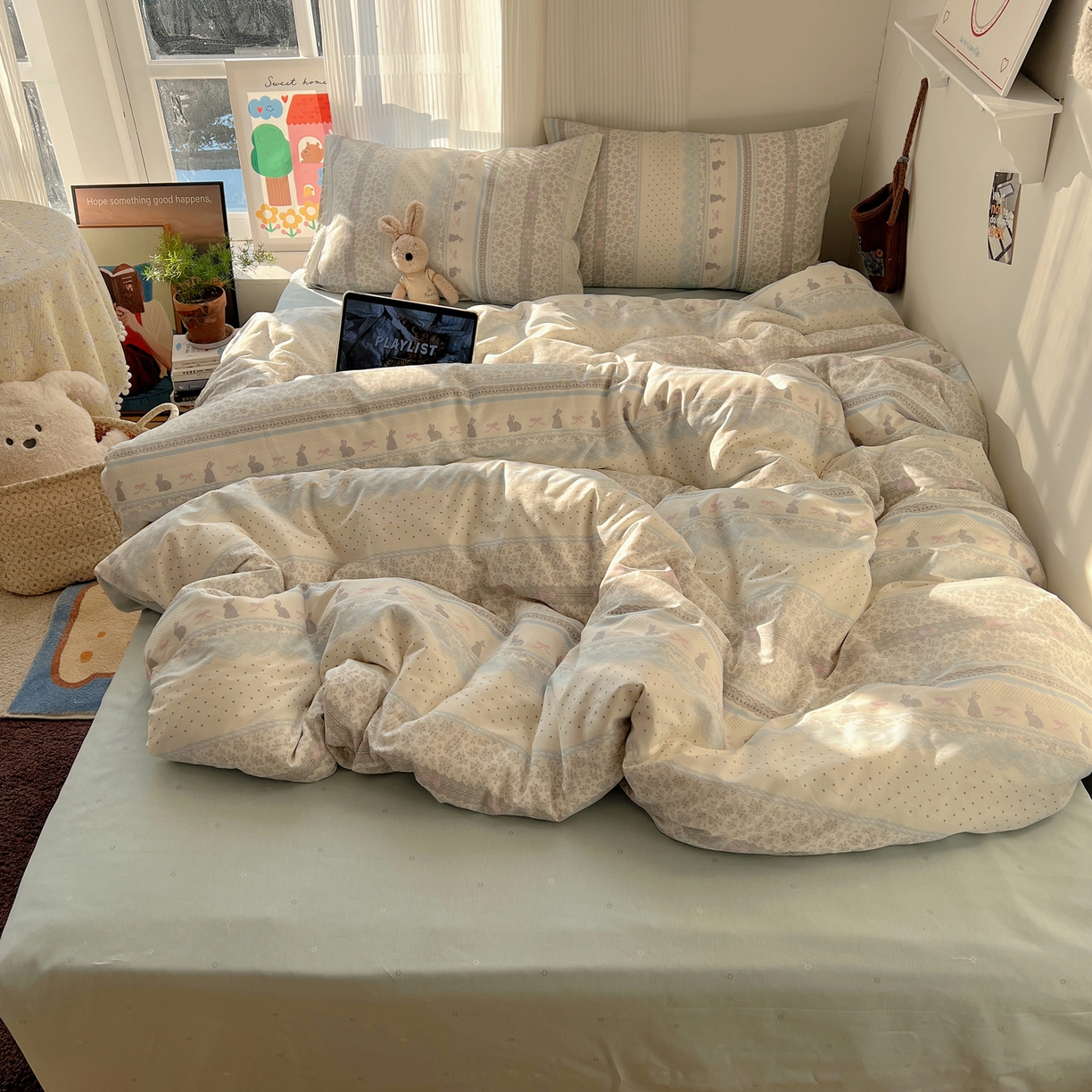 XIWEN-希文家纺 2026春夏新款40支全棉13372卡通四件套 花边兔