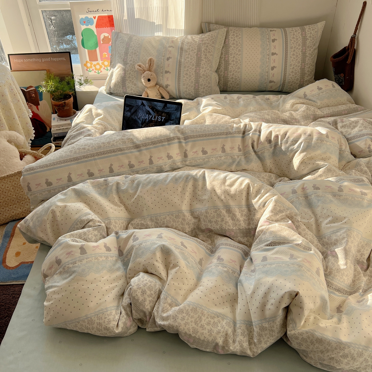 91家纺网 家纺一手货源 找家纺 XIWEN-希文家纺 2026春夏新款40支全棉13372卡通四件套 花边兔