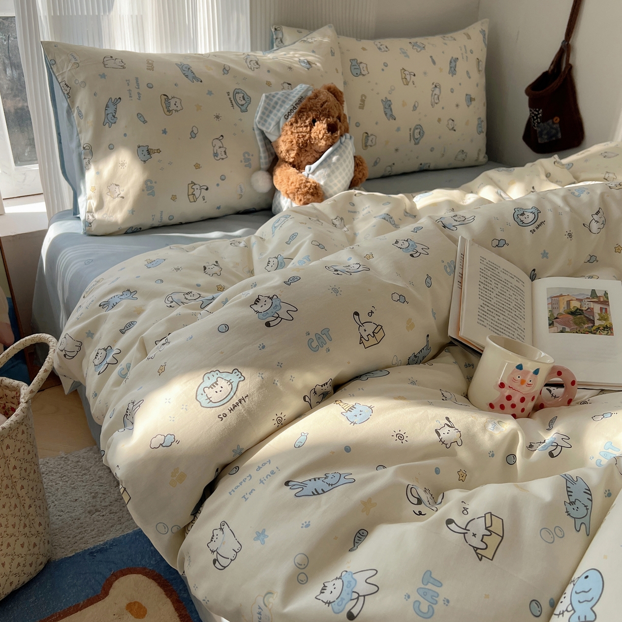 91家纺网 家纺一手货源 找家纺 XIWEN-希文家纺 2026春夏新款40支全棉13372卡通四件套 机灵猫