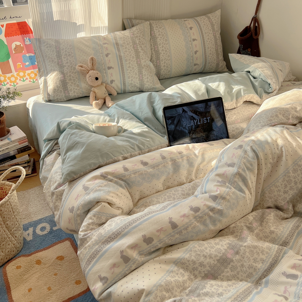 91家纺网 家纺一手货源 找家纺 XIWEN-希文家纺 2026春夏新款40支全棉13372卡通四件套 花边兔