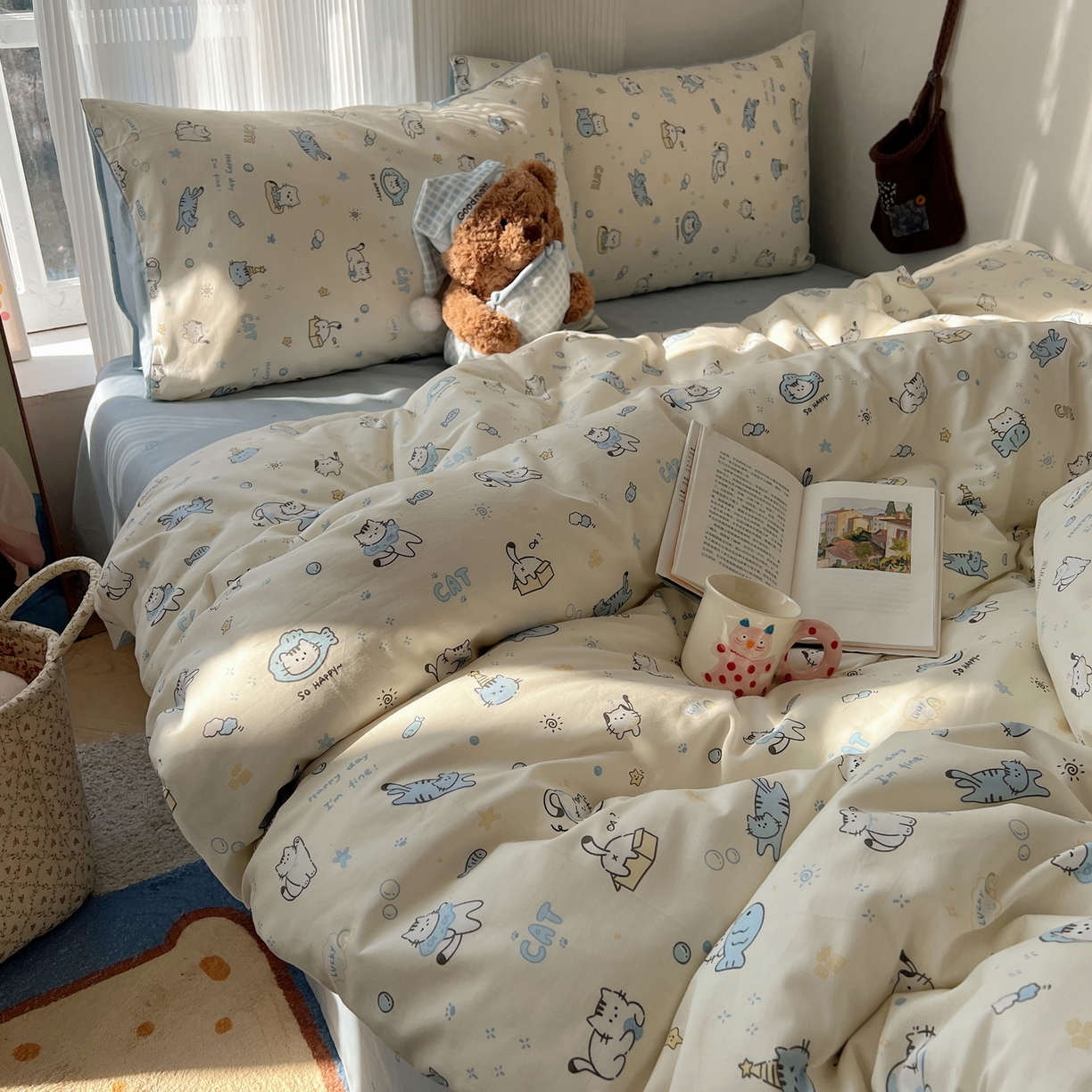 91家纺网 家纺一手货源 找家纺 XIWEN-希文家纺 2026春夏新款40支全棉13372卡通四件套 机灵猫