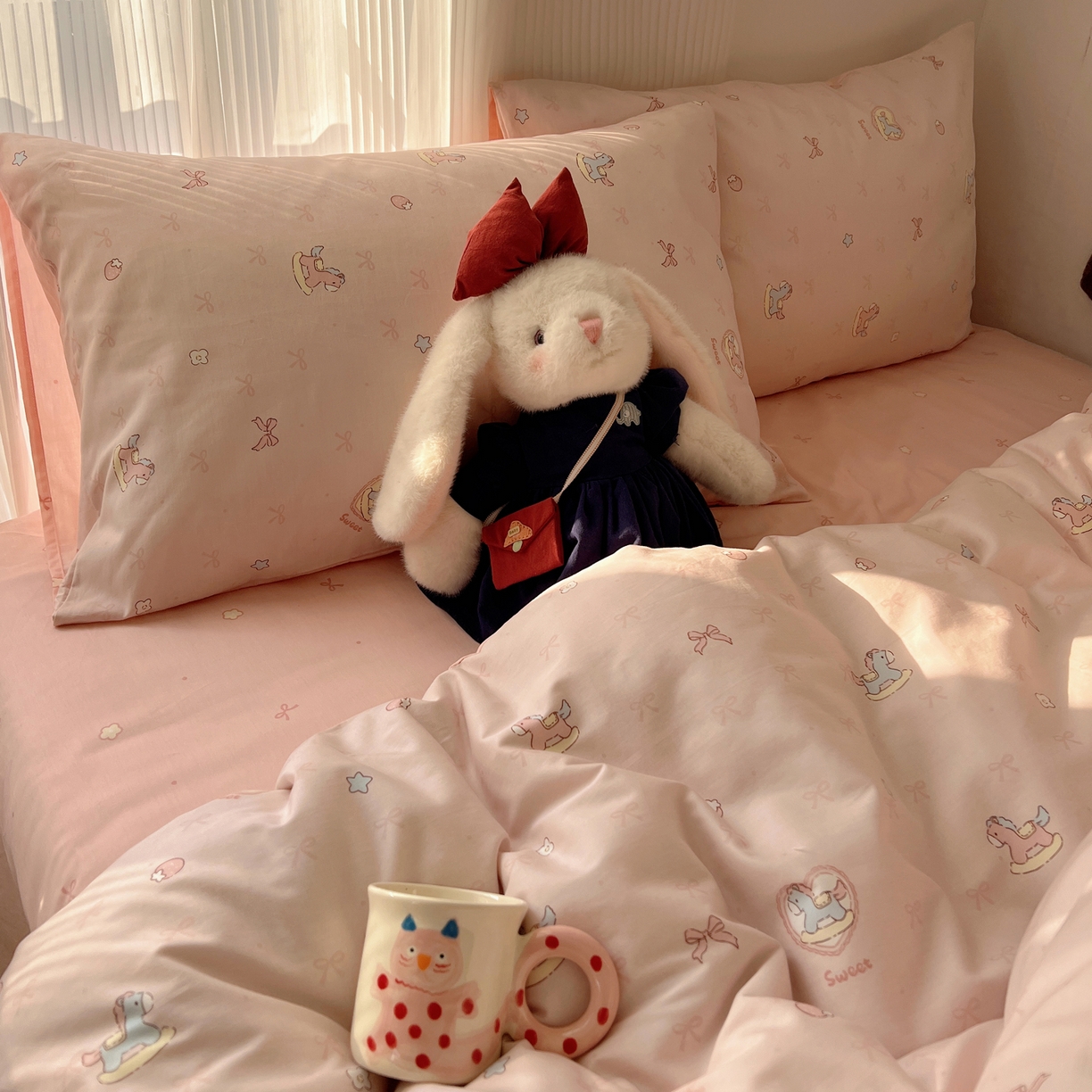 91家纺网 家纺一手货源 找家纺 XIWEN-希文家纺 2026春夏新款40支全棉13372卡通四件套 草莓小马-粉