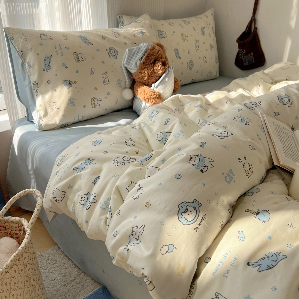 91家纺网 家纺一手货源 找家纺 XIWEN-希文家纺 2026春夏新款40支全棉13372卡通四件套 机灵猫