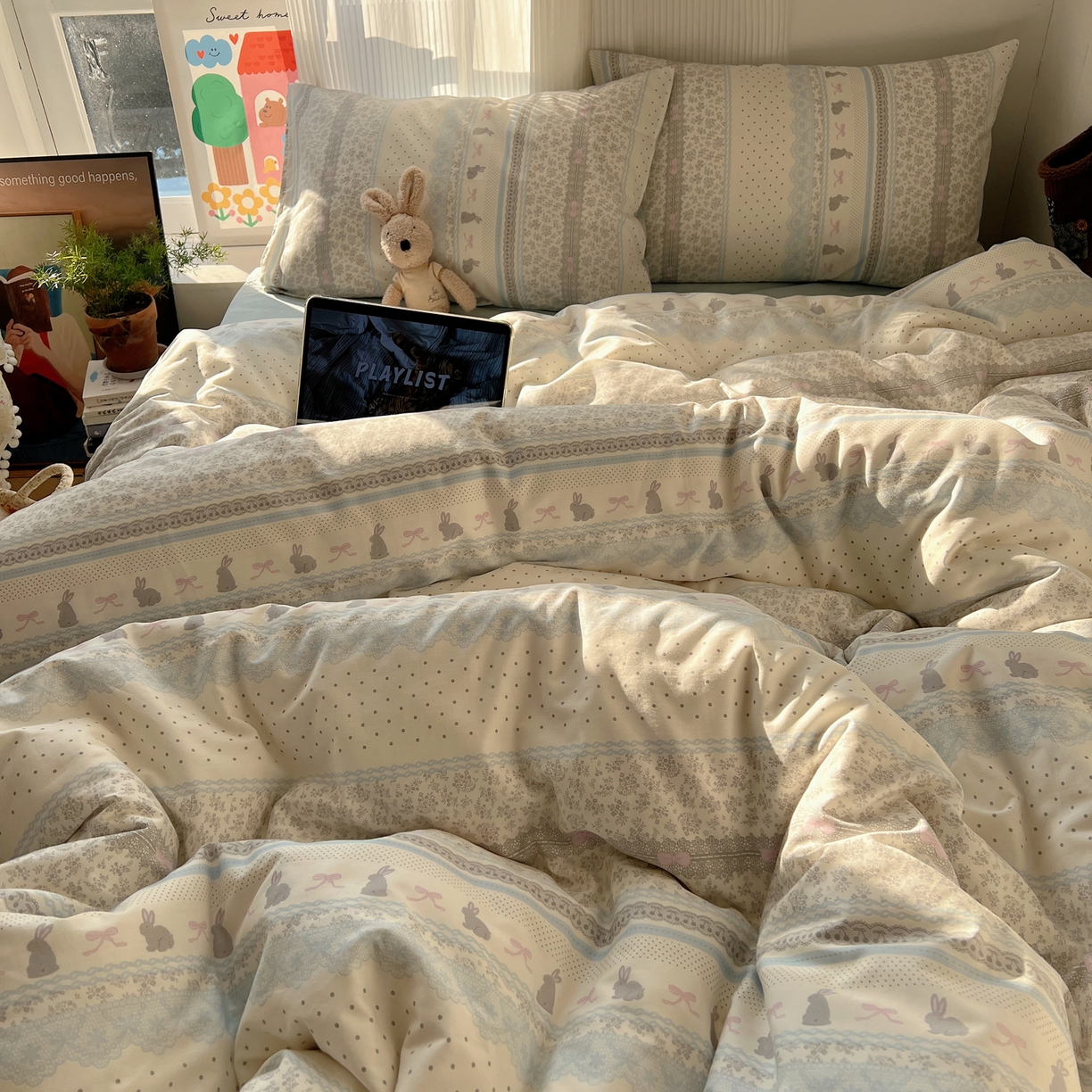 91家纺网 家纺一手货源 找家纺 XIWEN-希文家纺 2026春夏新款40支全棉13372卡通四件套 花边兔