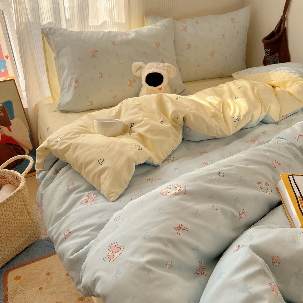 91家纺网 家纺一手货源 找家纺 XIWEN-希文家纺 2026春夏新款40支全棉13372卡通四件套 草莓小马-兰