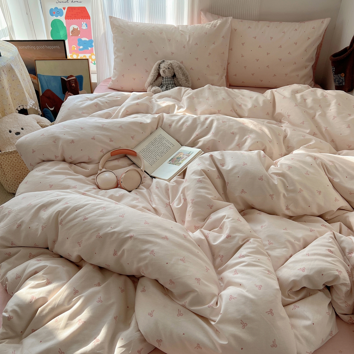 91家纺网 家纺一手货源 找家纺 XIWEN-希文家纺 2026春夏新款40支全棉13372卡通四件套 爱心蝴蝶结