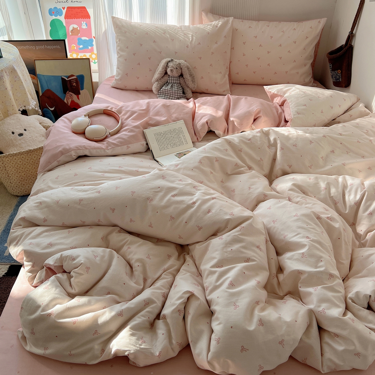 91家纺网 家纺一手货源 找家纺 XIWEN-希文家纺 2026春夏新款40支全棉13372卡通四件套 爱心蝴蝶结