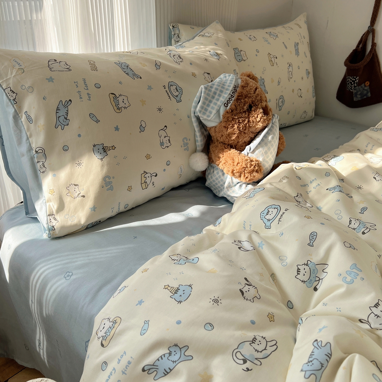 91家纺网 家纺一手货源 找家纺 XIWEN-希文家纺 2026春夏新款40支全棉13372卡通四件套 机灵猫