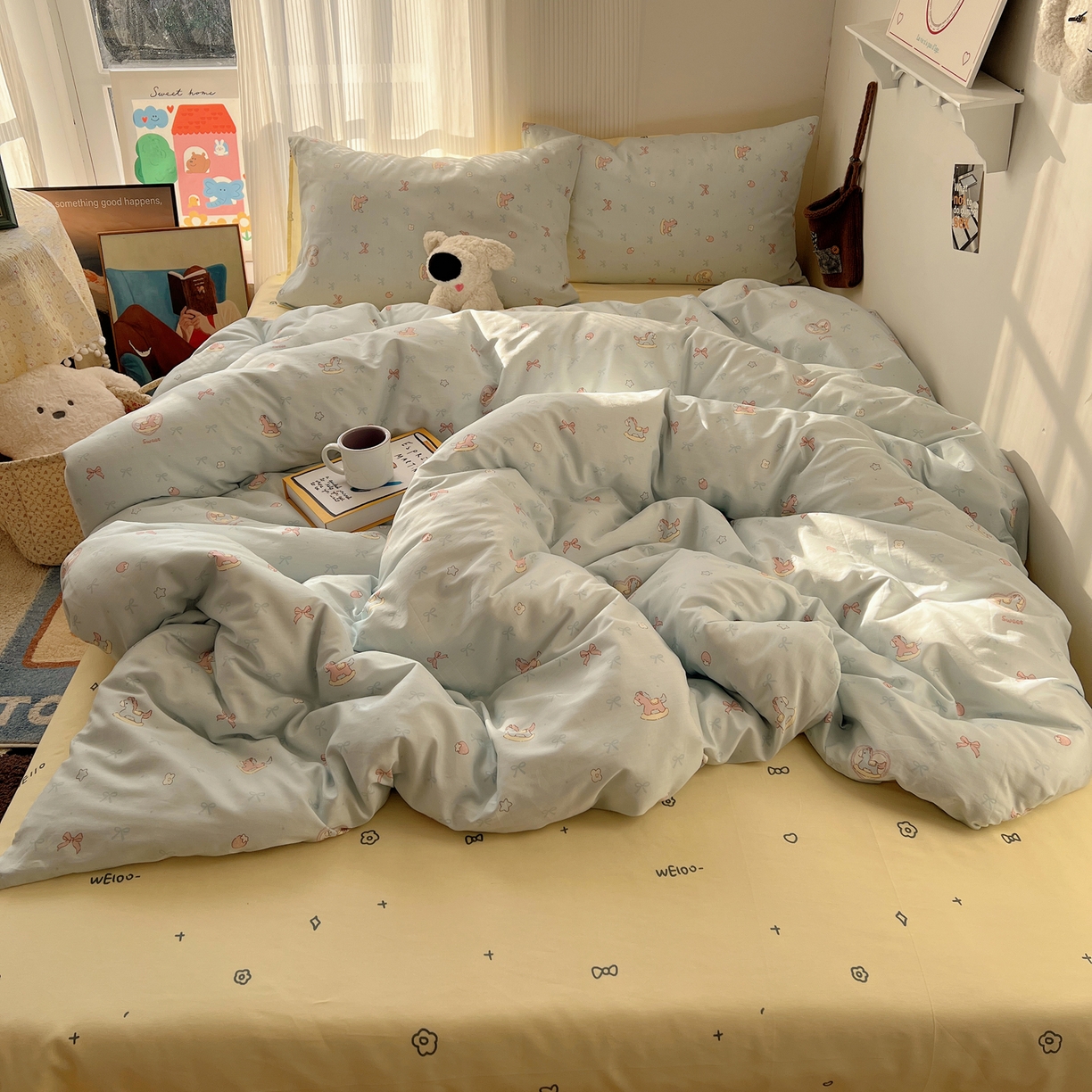 91家纺网 家纺一手货源 找家纺 XIWEN-希文家纺 2026春夏新款40支全棉13372卡通四件套 草莓小马-兰