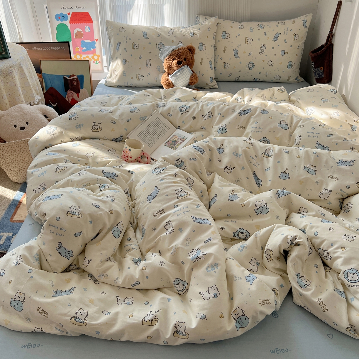 91家纺网 家纺一手货源 找家纺 XIWEN-希文家纺 2026春夏新款40支全棉13372卡通四件套 机灵猫