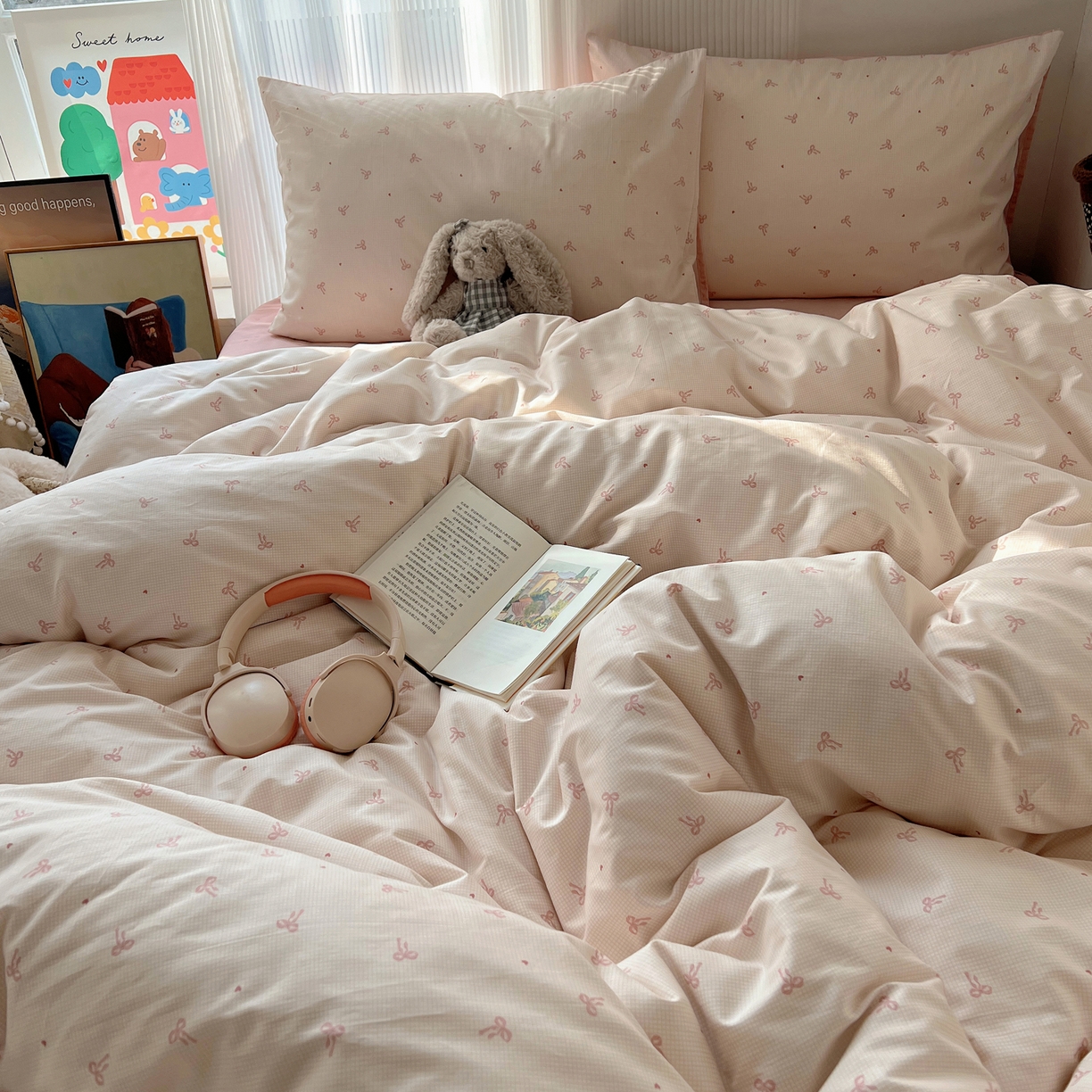 91家纺网 家纺一手货源 找家纺 XIWEN-希文家纺 2026春夏新款40支全棉13372卡通四件套 爱心蝴蝶结