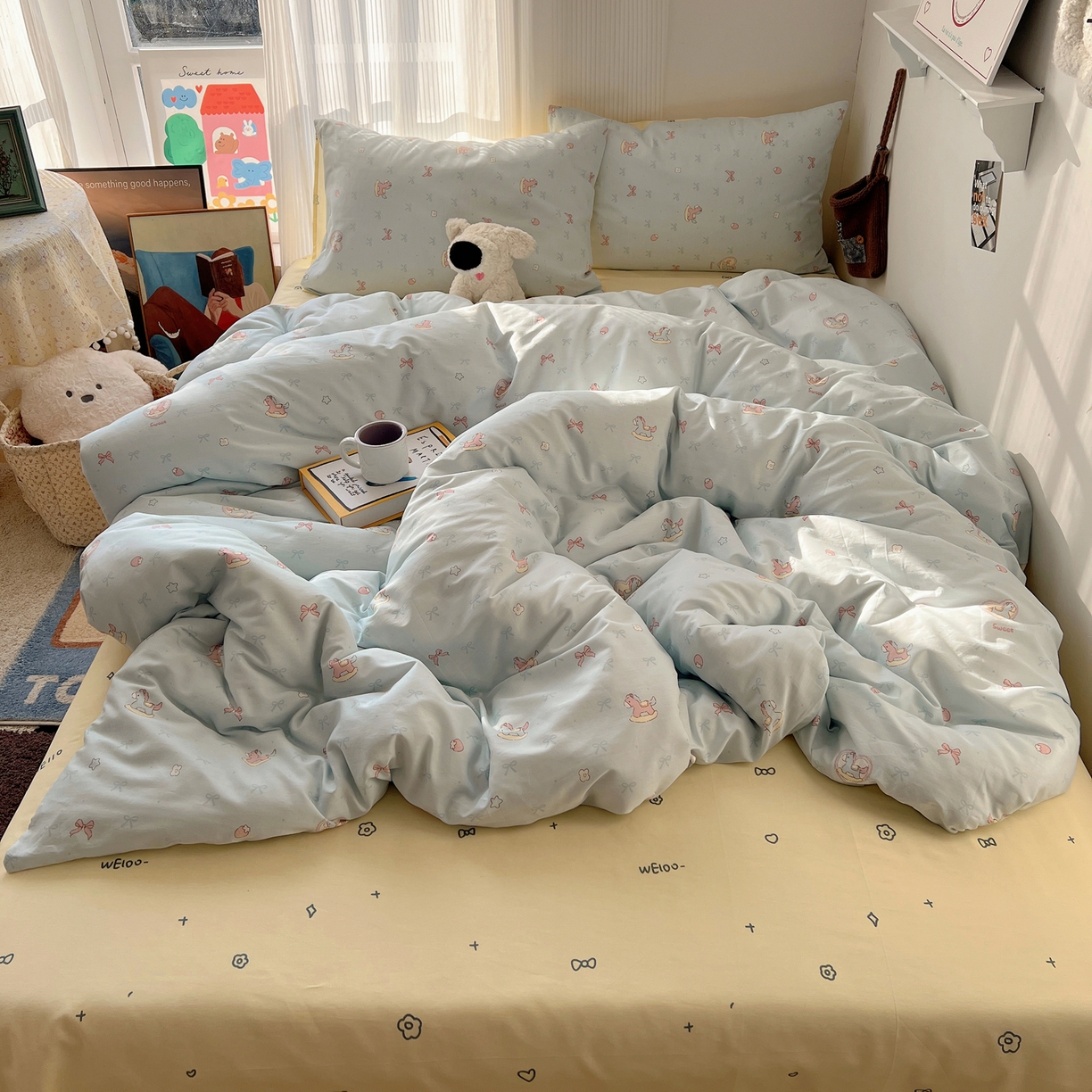 XIWEN-希文家纺 2026春夏新款40支全棉13372卡通四件套 草莓小马-兰