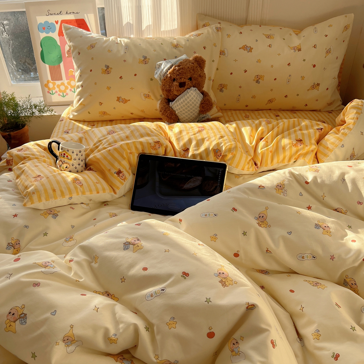 91家纺网 家纺一手货源 找家纺 XIWEN-希文家纺 2026春夏新款40支全棉13372卡通四件套 可爱星人