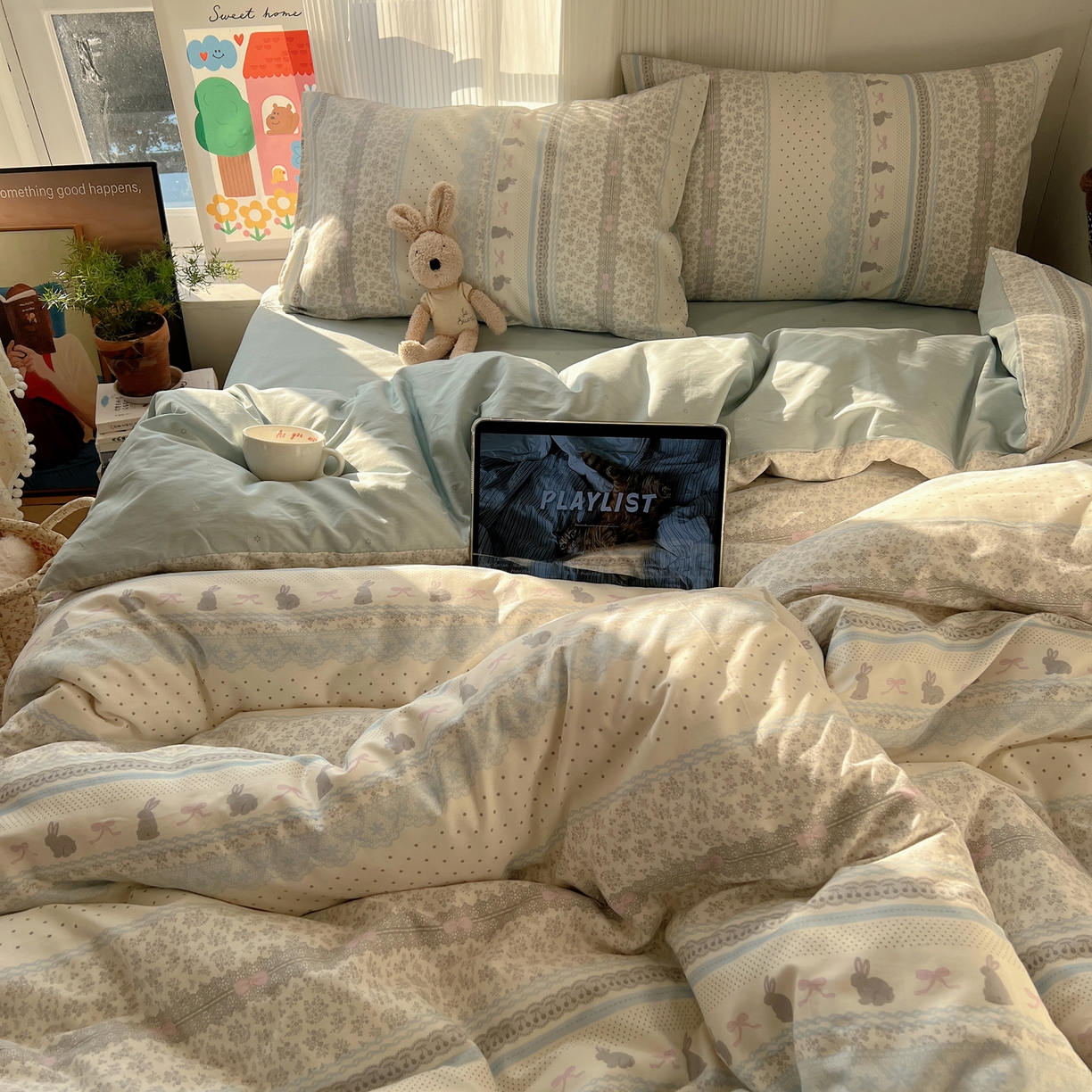 91家纺网 家纺一手货源 找家纺 XIWEN-希文家纺 2026春夏新款40支全棉13372卡通四件套 花边兔