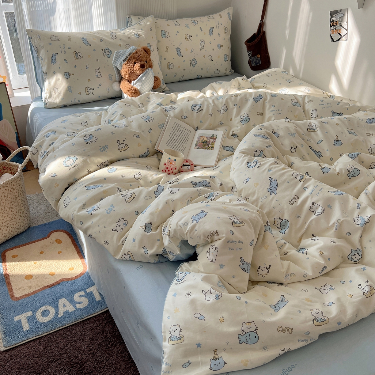 91家纺网 家纺一手货源 找家纺 XIWEN-希文家纺 2026春夏新款40支全棉13372卡通四件套 机灵猫