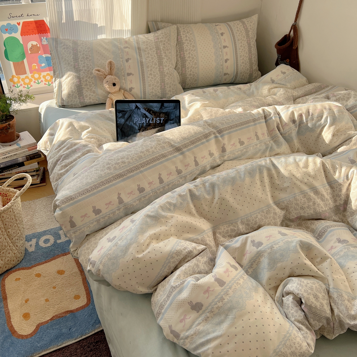 91家纺网 家纺一手货源 找家纺 XIWEN-希文家纺 2026春夏新款40支全棉13372卡通四件套 花边兔