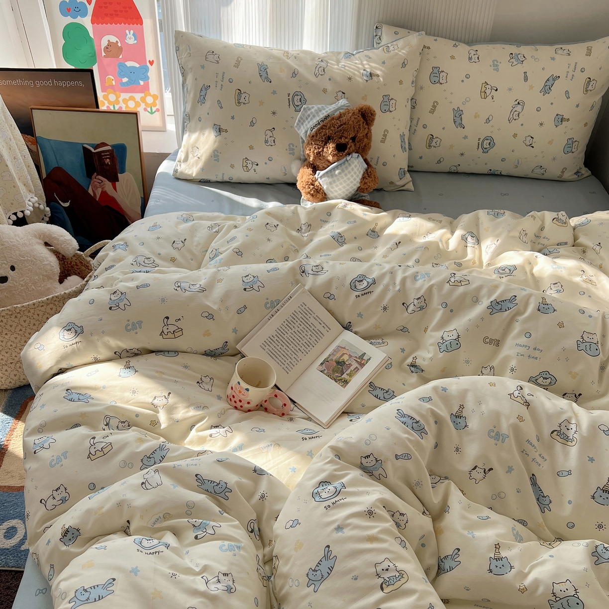 91家纺网 家纺一手货源 找家纺 XIWEN-希文家纺 2026春夏新款40支全棉13372卡通四件套 机灵猫