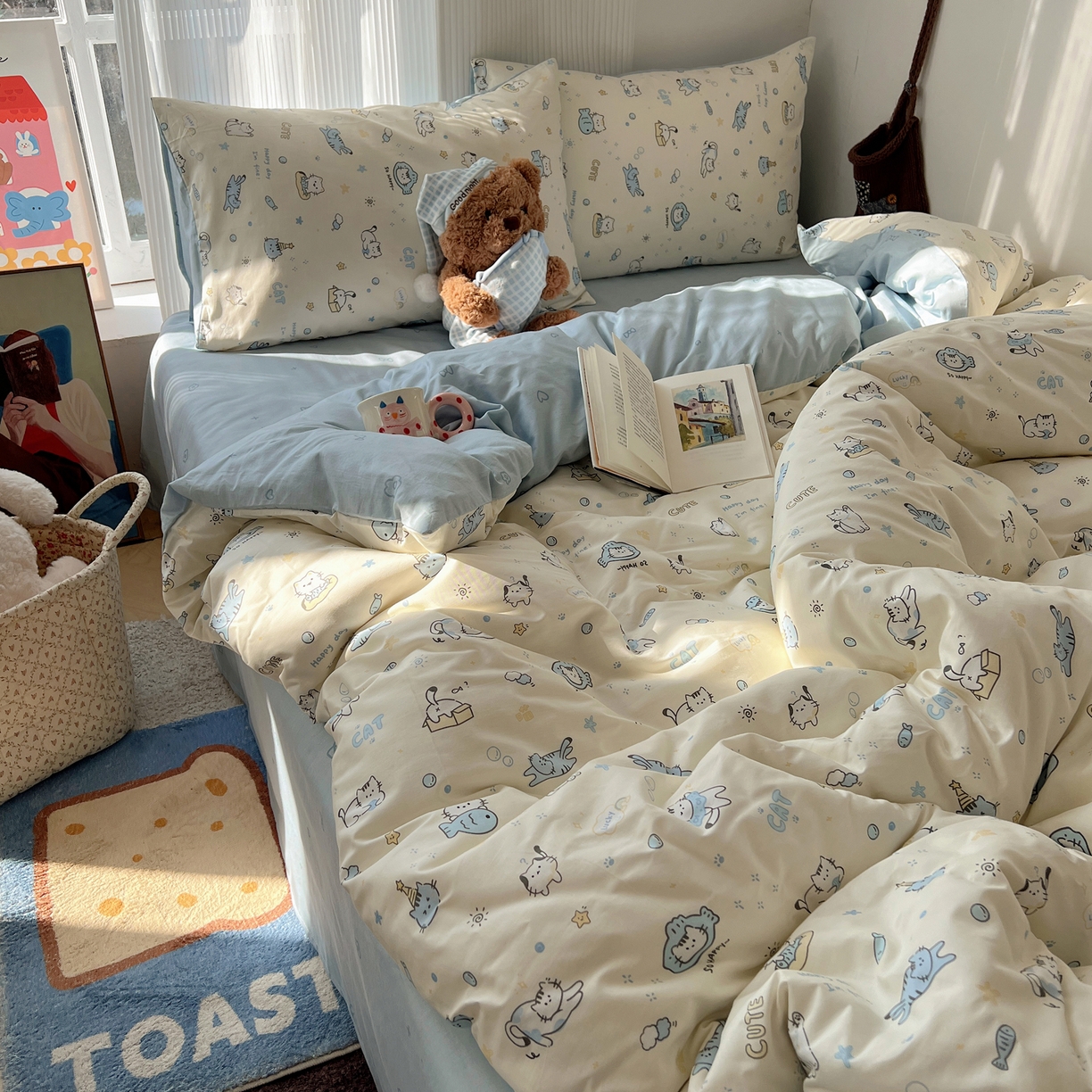 91家纺网 家纺一手货源 找家纺 XIWEN-希文家纺 2026春夏新款40支全棉13372卡通四件套 机灵猫