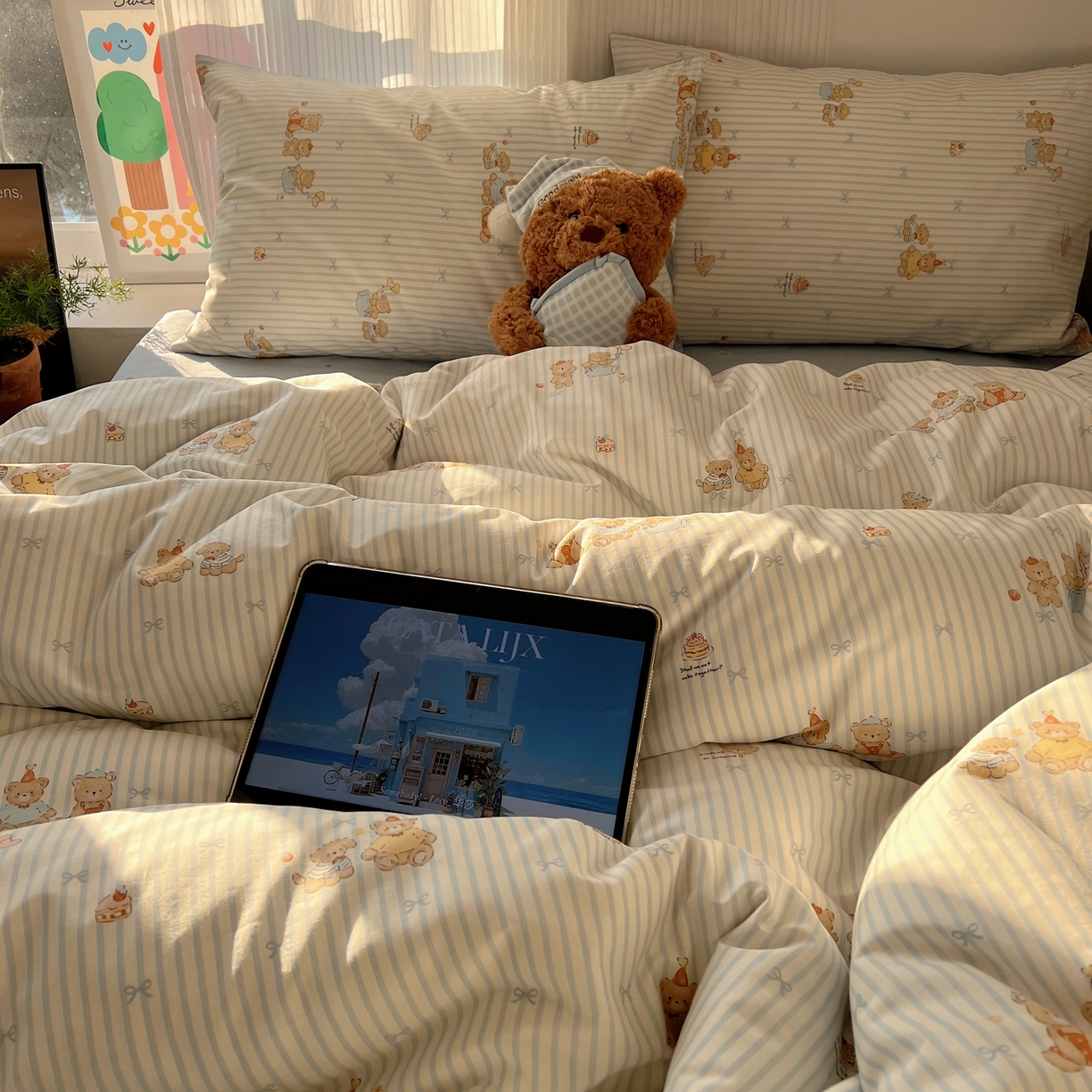 91家纺网 家纺一手货源 找家纺 XIWEN-希文家纺 2026春夏新款40支全棉13372卡通四件套 幸福小熊