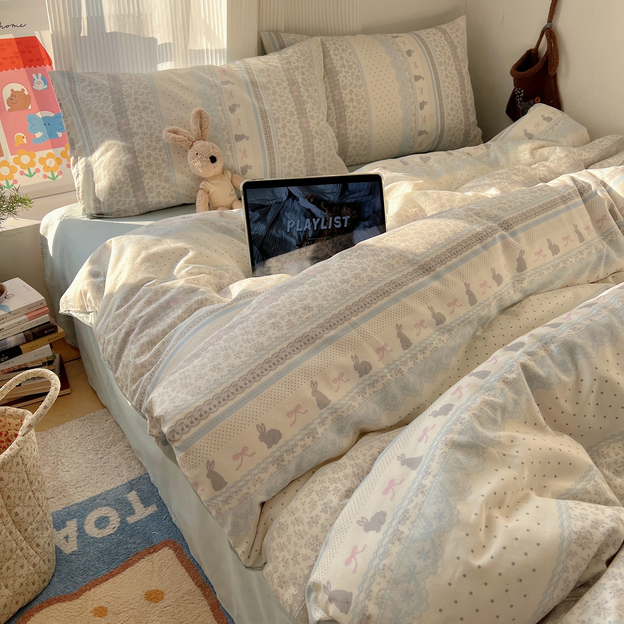 91家纺网 家纺一手货源 找家纺 XIWEN-希文家纺 2026春夏新款40支全棉13372卡通四件套 花边兔