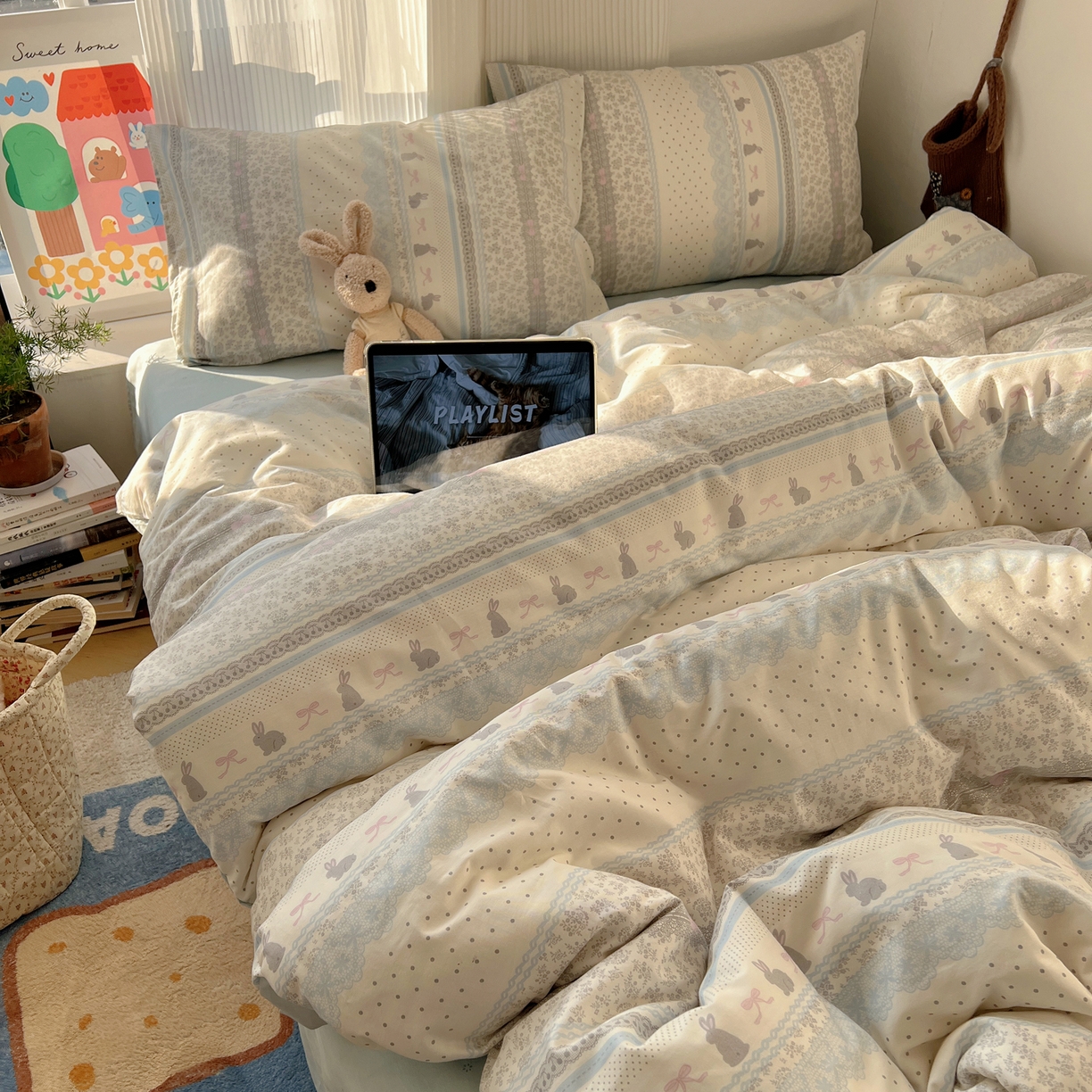 91家纺网 家纺一手货源 找家纺 XIWEN-希文家纺 2026春夏新款40支全棉13372卡通四件套 花边兔