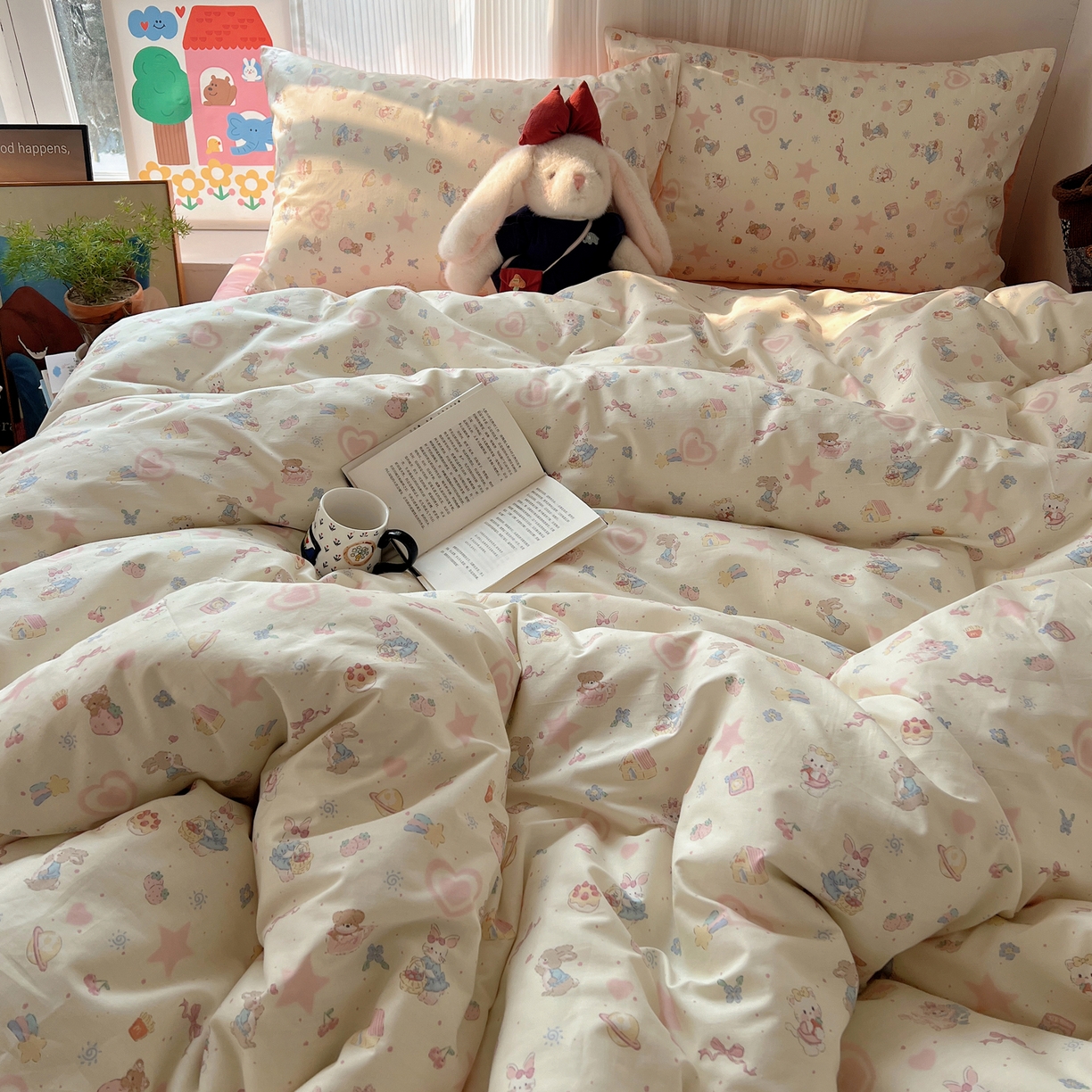 91家纺网 家纺一手货源 找家纺 XIWEN-希文家纺 2026春夏新款40支全棉13372卡通四件套 甜蜜家园