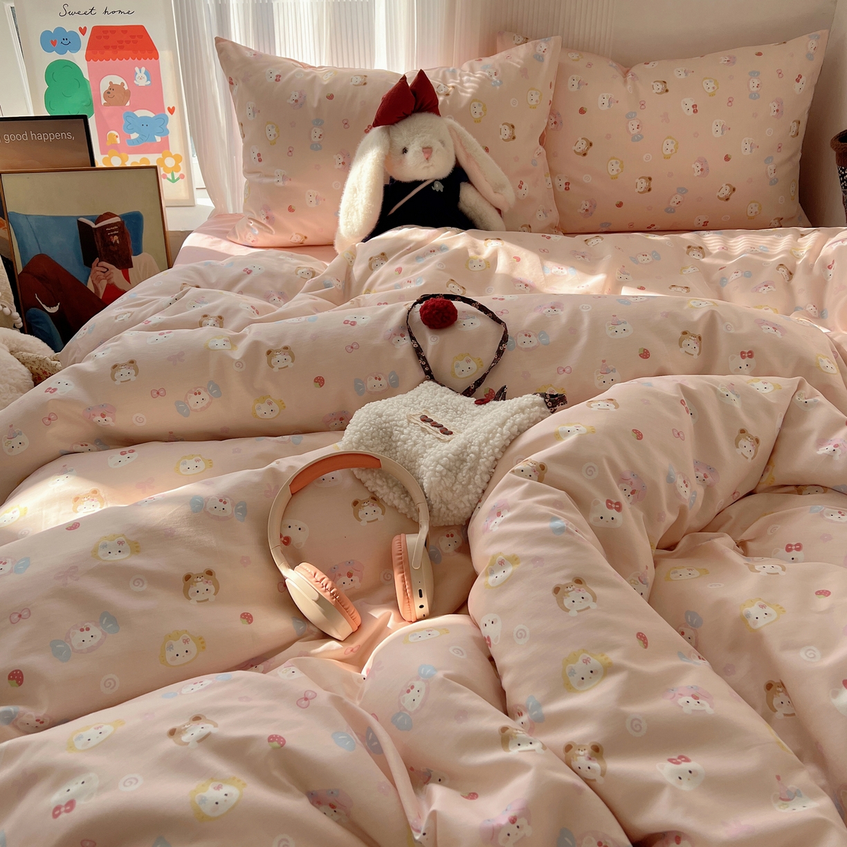 91家纺网 家纺一手货源 找家纺 XIWEN-希文家纺 2026春夏新款40支全棉13372卡通四件套 甜酱小猫-粉