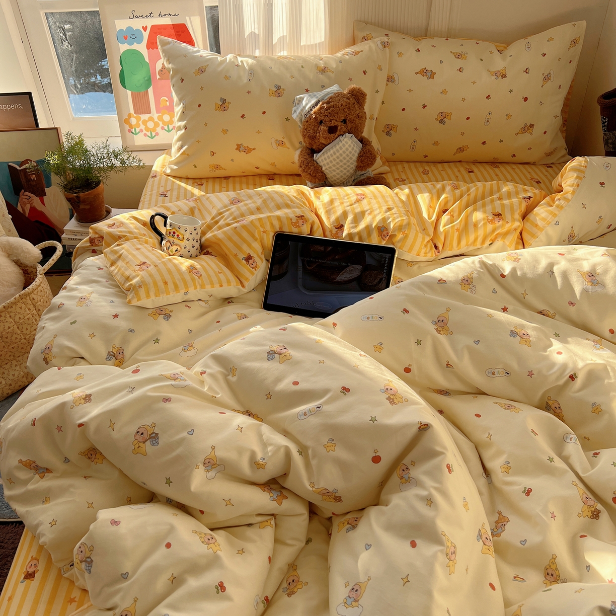 91家纺网 家纺一手货源 找家纺 XIWEN-希文家纺 2026春夏新款40支全棉13372卡通四件套 可爱星人