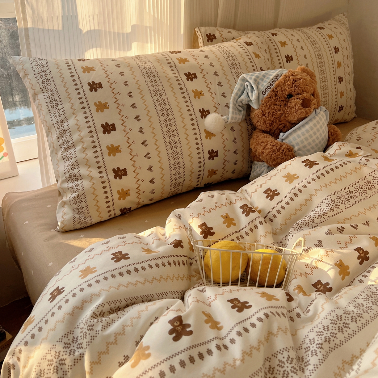 91家纺网 家纺一手货源 找家纺 XIWEN-希文家纺 2026春夏新款40支全棉13372卡通四件套 费尔岛小熊