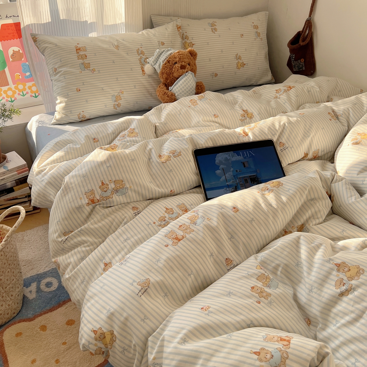 91家纺网 家纺一手货源 找家纺 XIWEN-希文家纺 2026春夏新款40支全棉13372卡通四件套 幸福小熊