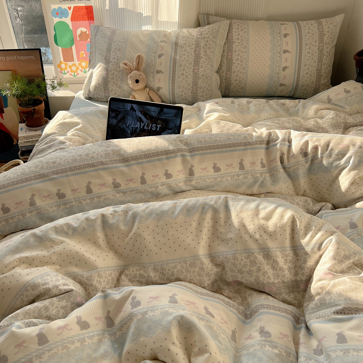 91家纺网 家纺一手货源 找家纺 XIWEN-希文家纺 2026春夏新款40支全棉13372卡通四件套 花边兔