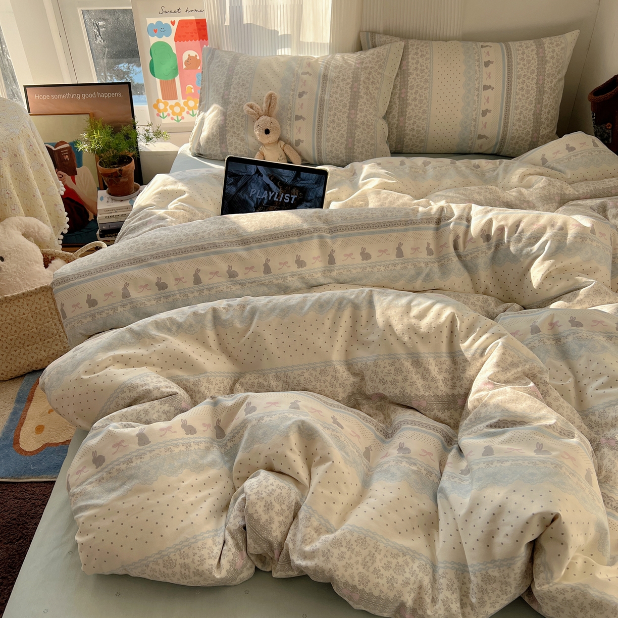 91家纺网 家纺一手货源 找家纺 XIWEN-希文家纺 2026春夏新款40支全棉13372卡通四件套 花边兔