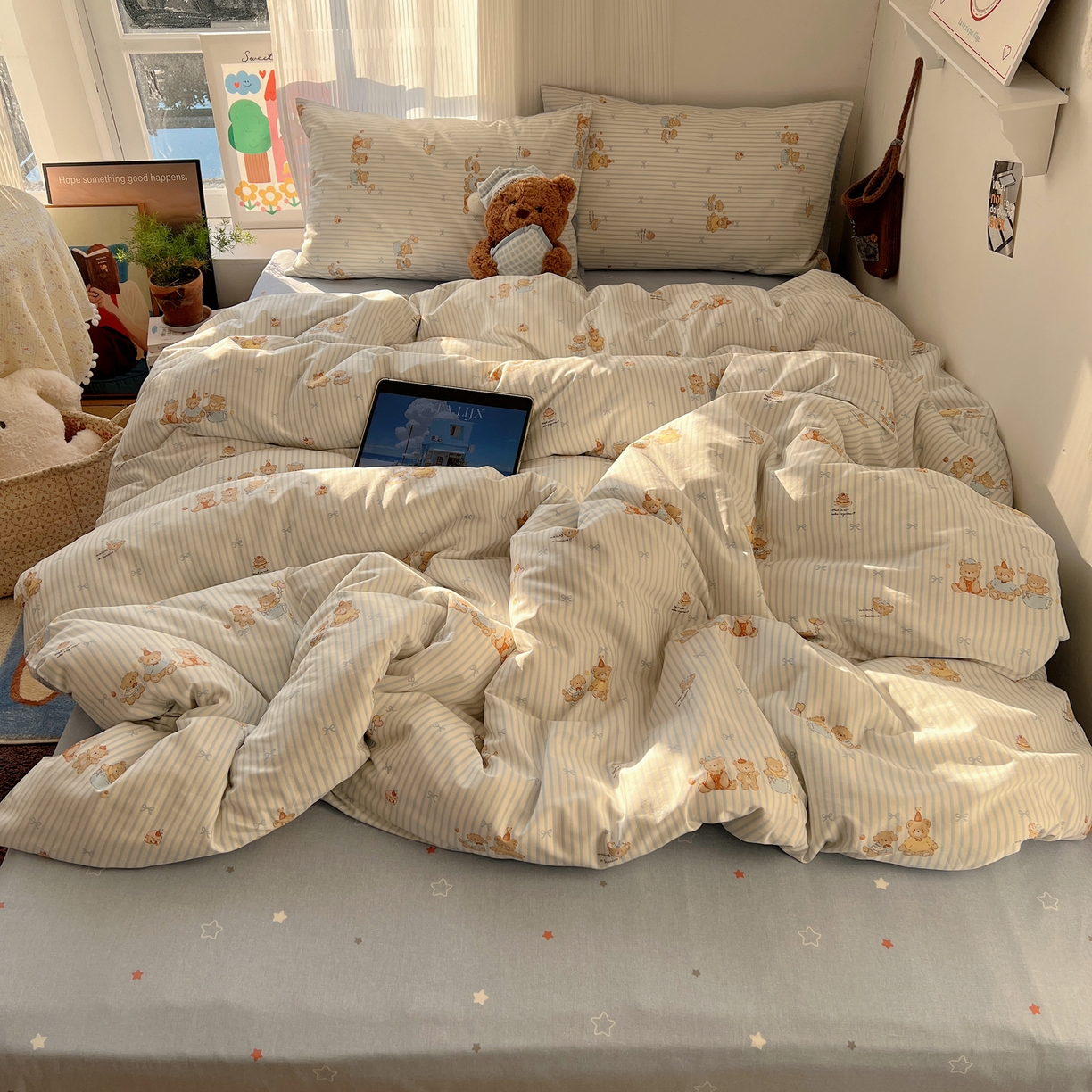 91家纺网 家纺一手货源 找家纺 XIWEN-希文家纺 2026春夏新款40支全棉13372卡通四件套 幸福小熊