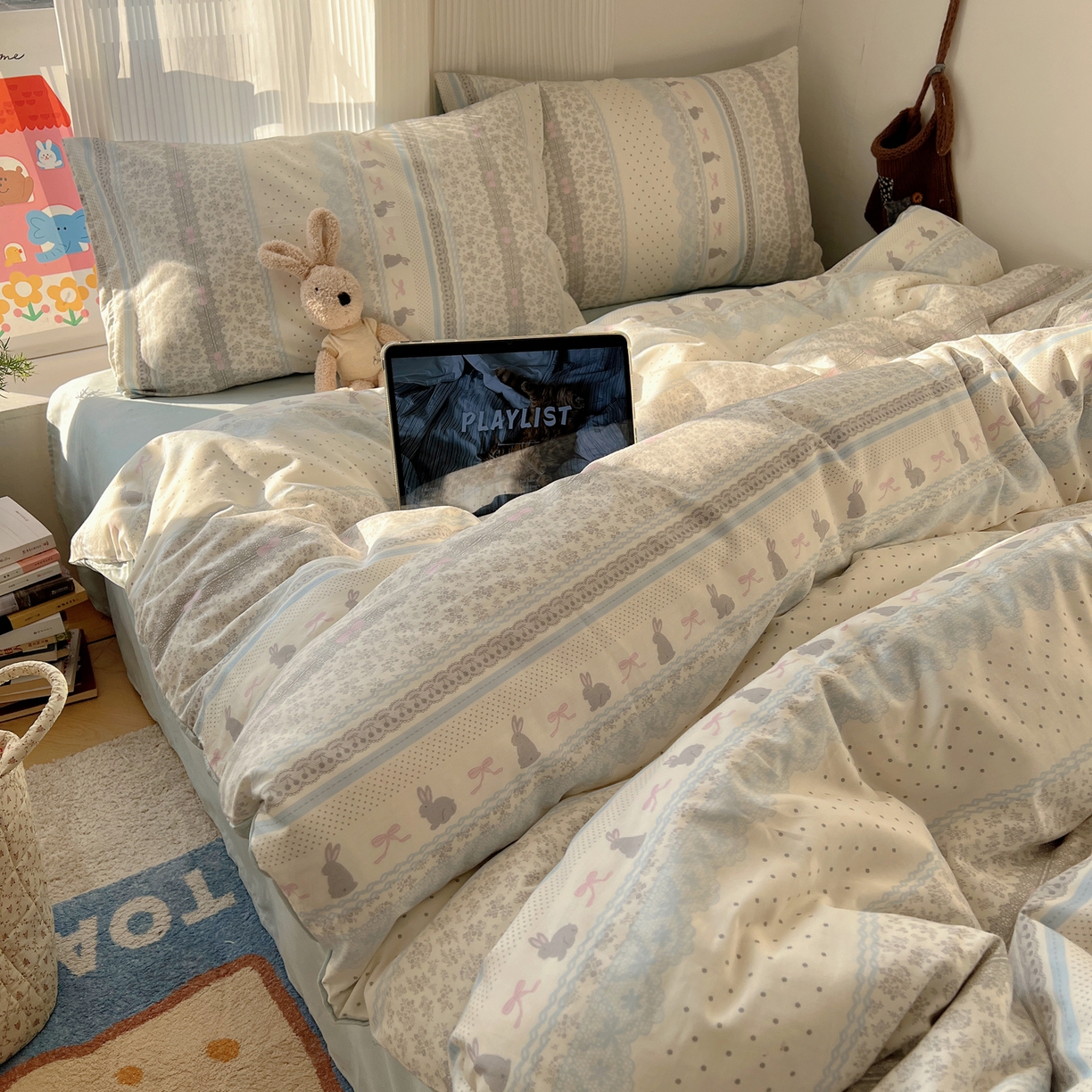 91家纺网 家纺一手货源 找家纺 XIWEN-希文家纺 2026春夏新款40支全棉13372卡通四件套 花边兔