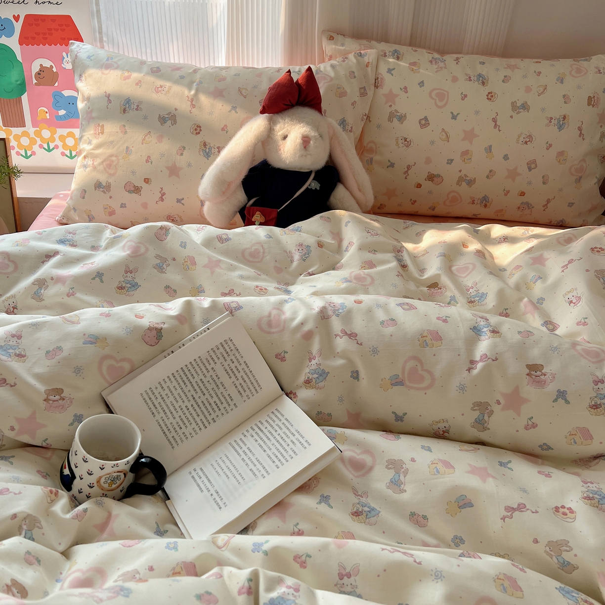 91家纺网 家纺一手货源 找家纺 XIWEN-希文家纺 2026春夏新款40支全棉13372卡通四件套 甜蜜家园