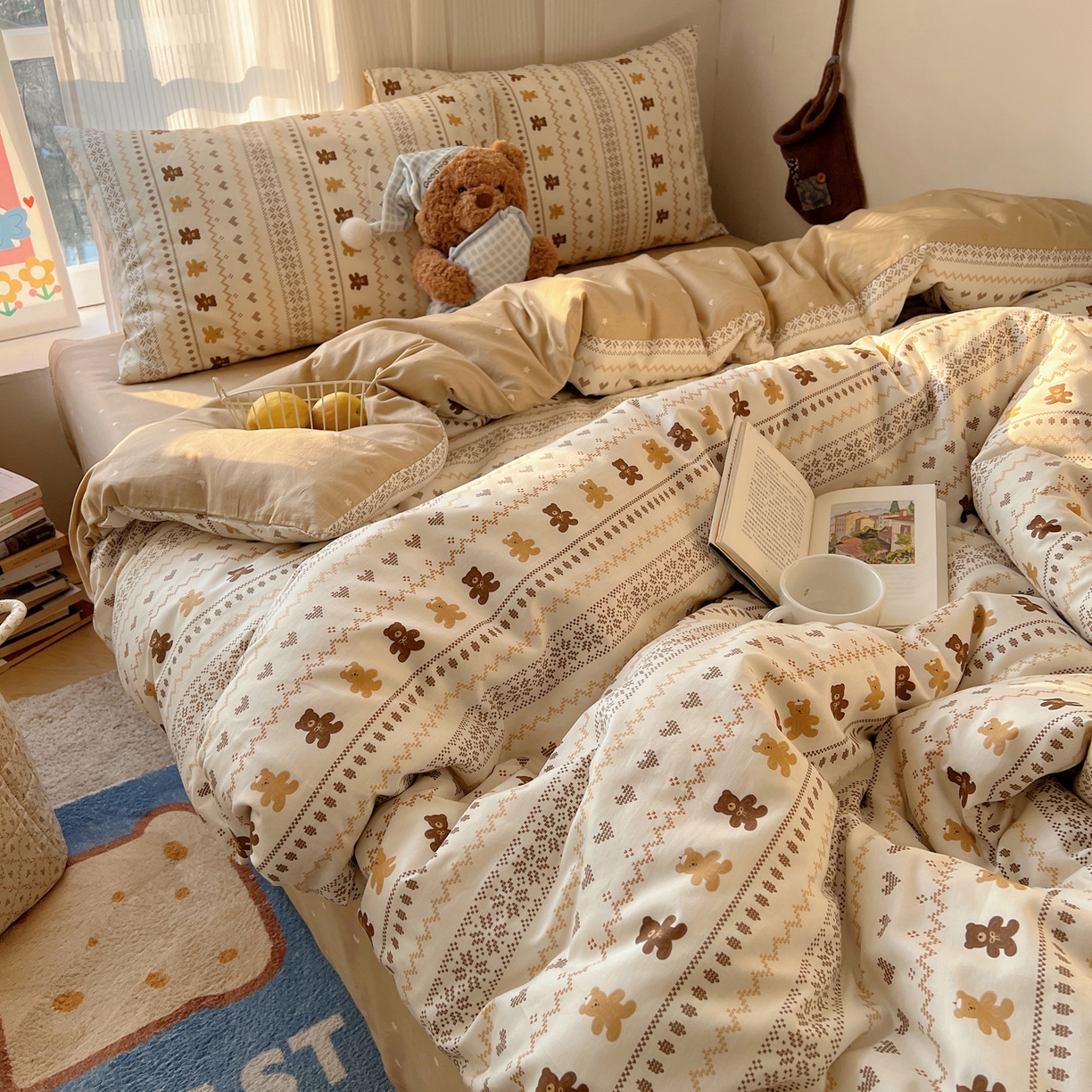 91家纺网 家纺一手货源 找家纺 XIWEN-希文家纺 2026春夏新款40支全棉13372卡通四件套 费尔岛小熊