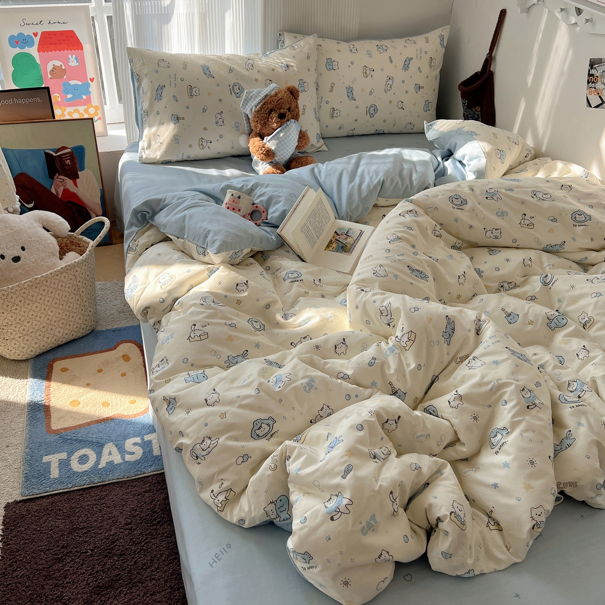 91家纺网 家纺一手货源 找家纺 XIWEN-希文家纺 2026春夏新款40支全棉13372卡通四件套 机灵猫