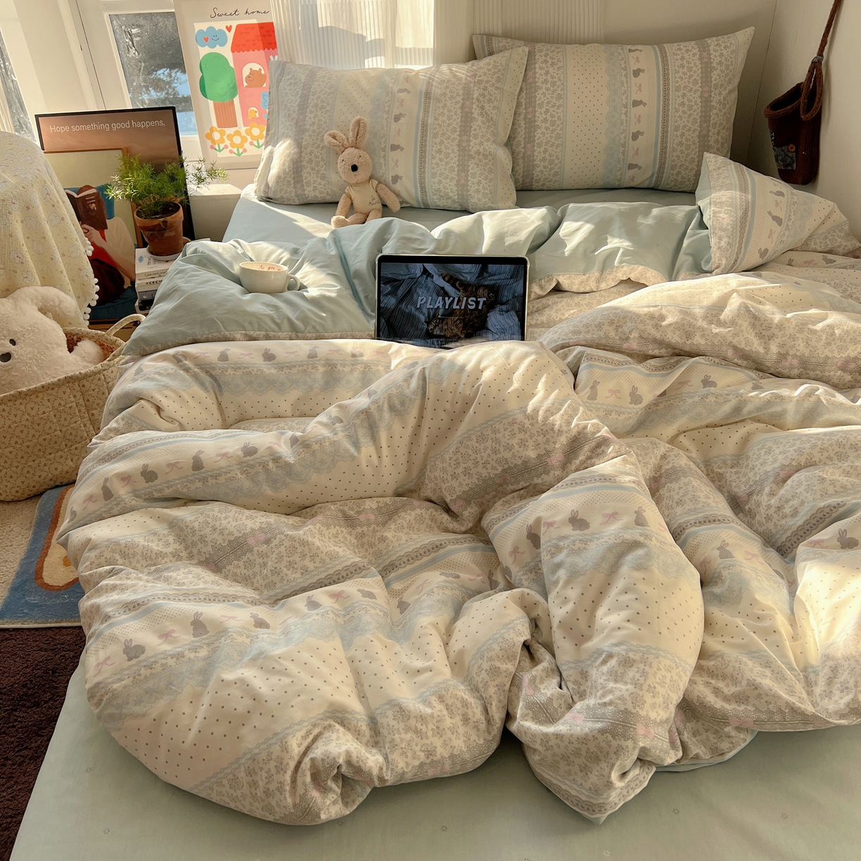 91家纺网 家纺一手货源 找家纺 XIWEN-希文家纺 2026春夏新款40支全棉13372卡通四件套 花边兔