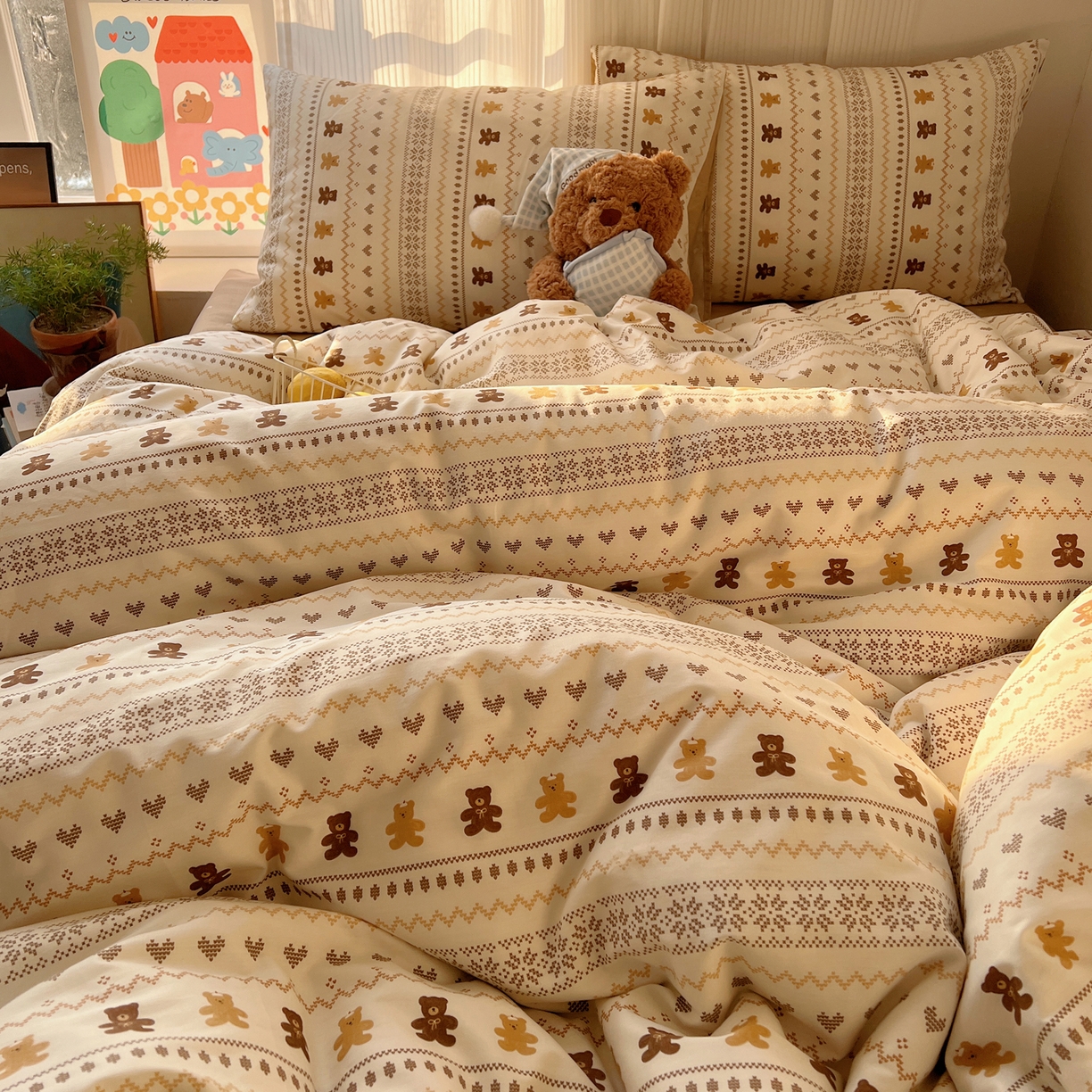 91家纺网 家纺一手货源 找家纺 XIWEN-希文家纺 2026春夏新款40支全棉13372卡通四件套 费尔岛小熊