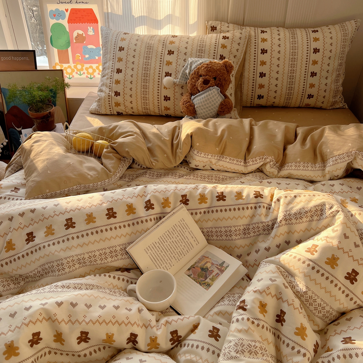 91家纺网 家纺一手货源 找家纺 XIWEN-希文家纺 2026春夏新款40支全棉13372卡通四件套 费尔岛小熊