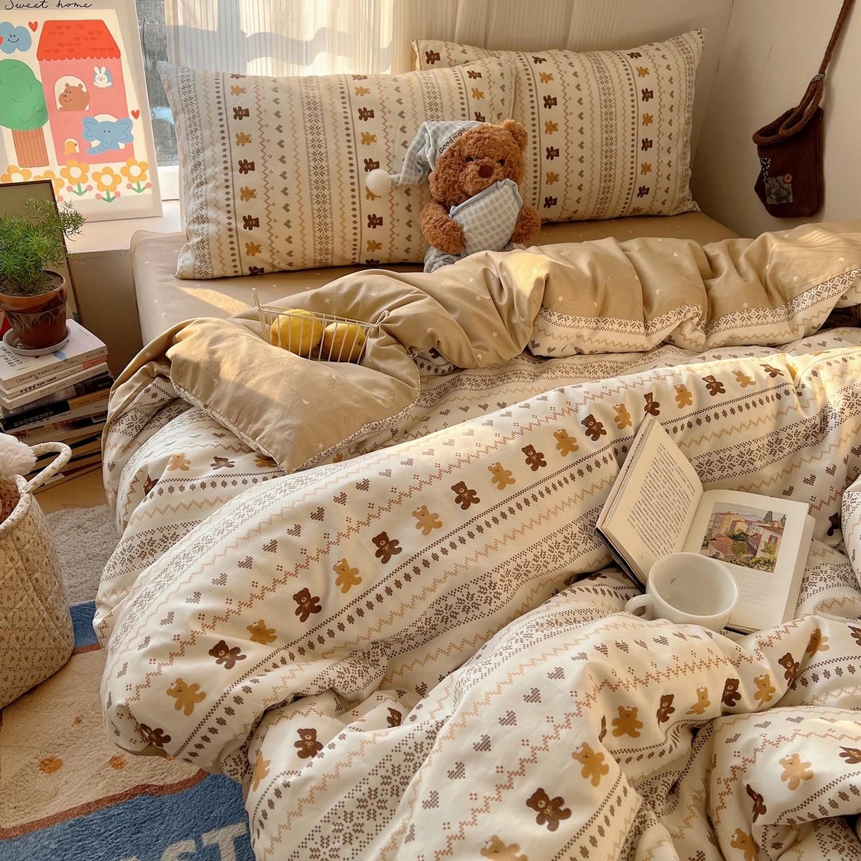 91家纺网 家纺一手货源 找家纺 XIWEN-希文家纺 2026春夏新款40支全棉13372卡通四件套 费尔岛小熊