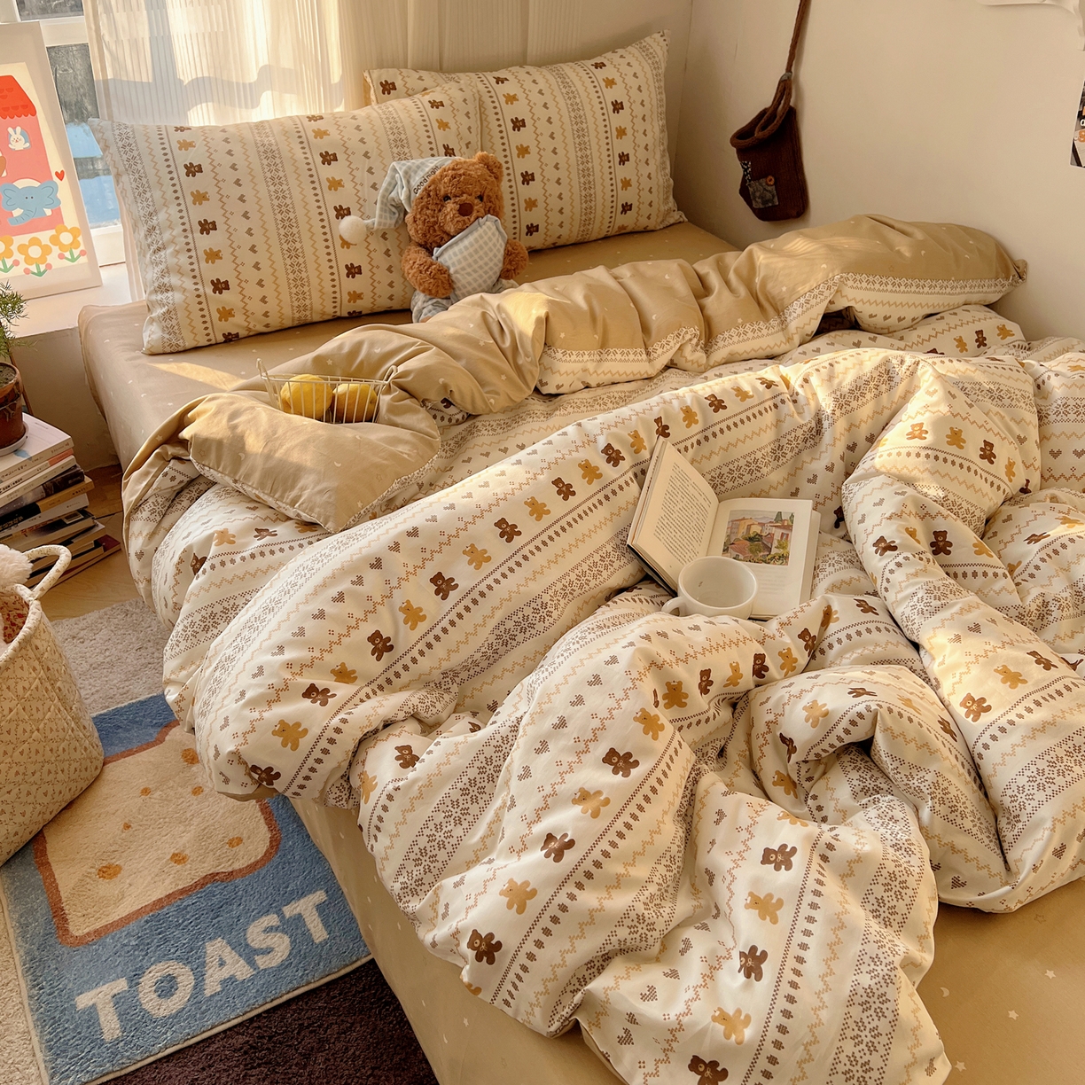 91家纺网 家纺一手货源 找家纺 XIWEN-希文家纺 2026春夏新款40支全棉13372卡通四件套 费尔岛小熊