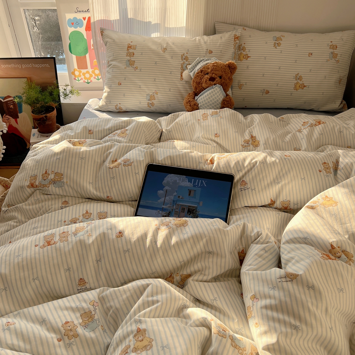 91家纺网 家纺一手货源 找家纺 XIWEN-希文家纺 2026春夏新款40支全棉13372卡通四件套 幸福小熊