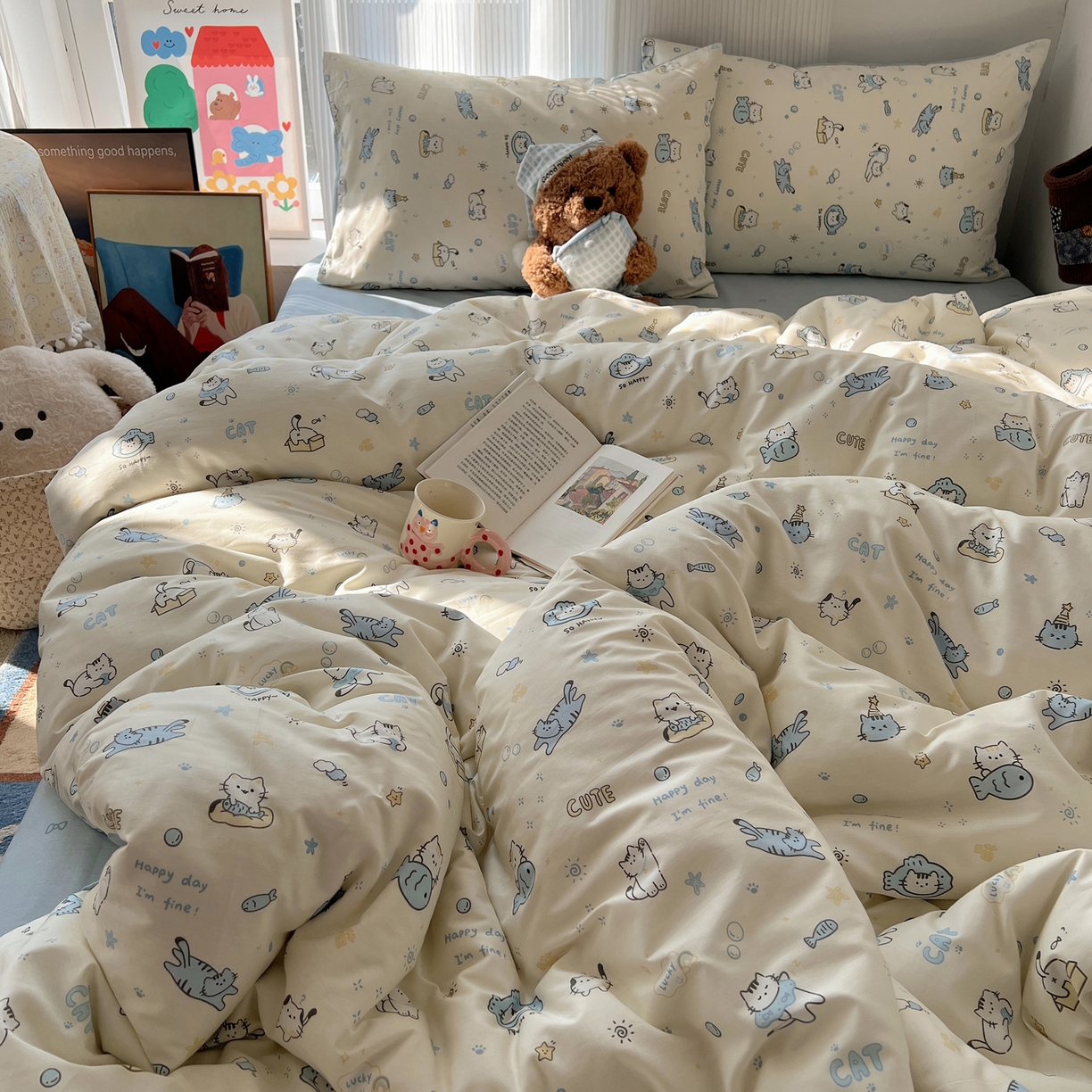 91家纺网 家纺一手货源 找家纺 XIWEN-希文家纺 2026春夏新款40支全棉13372卡通四件套 机灵猫