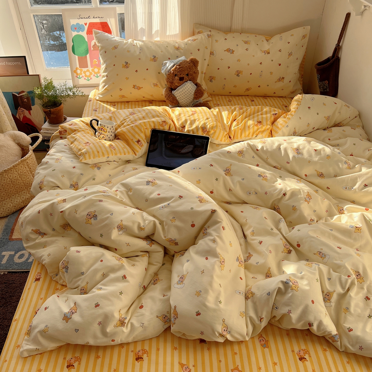 91家纺网 家纺一手货源 找家纺 XIWEN-希文家纺 2026春夏新款40支全棉13372卡通四件套 可爱星人