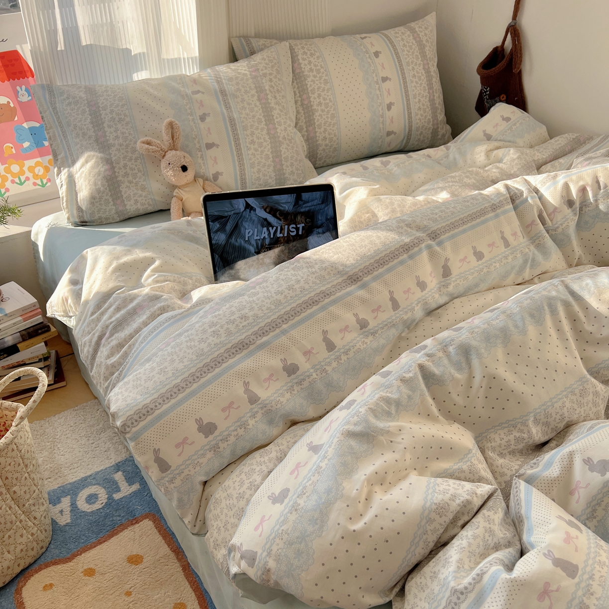 91家纺网 家纺一手货源 找家纺 XIWEN-希文家纺 2026春夏新款40支全棉13372卡通四件套 花边兔