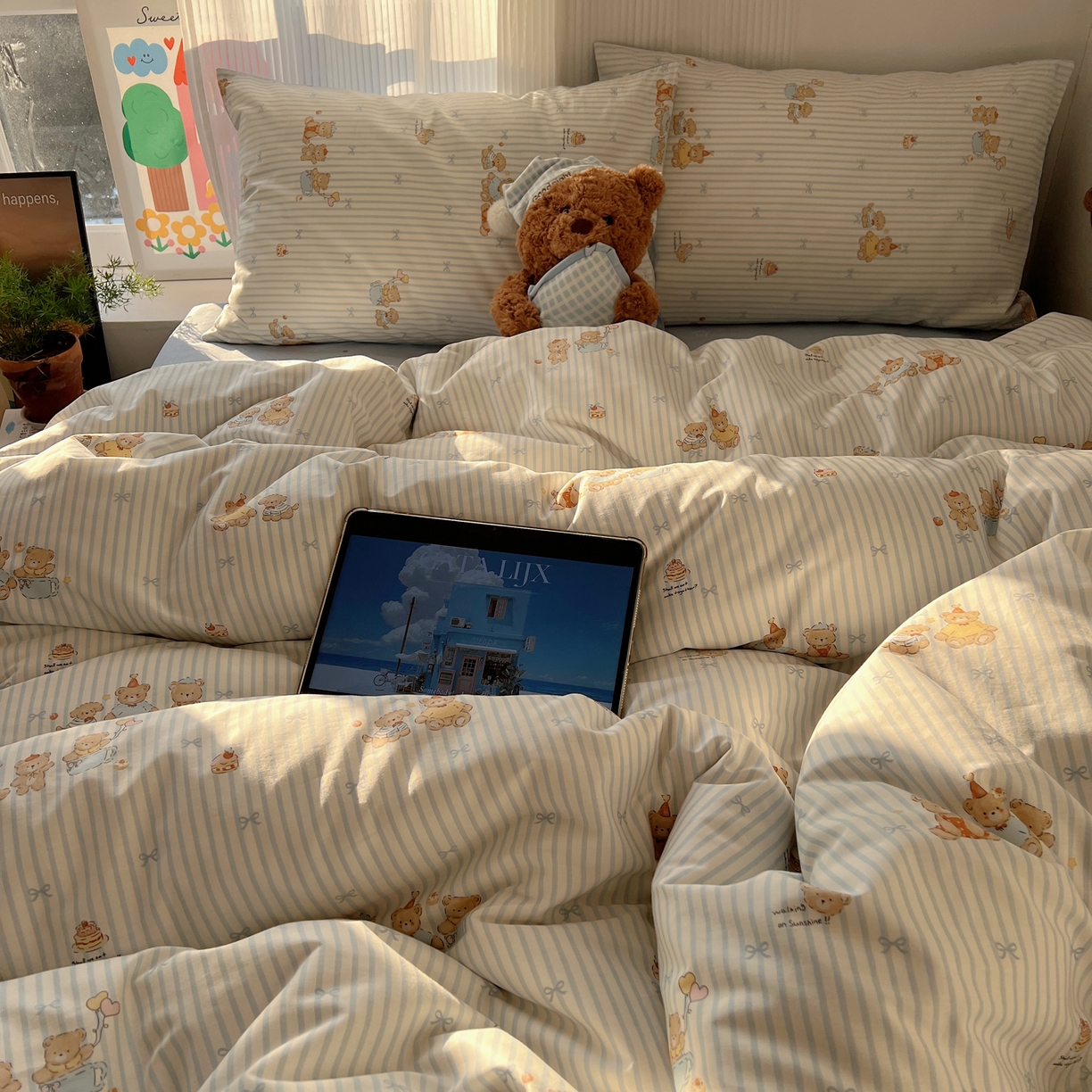 91家纺网 家纺一手货源 找家纺 XIWEN-希文家纺 2026春夏新款40支全棉13372卡通四件套 幸福小熊